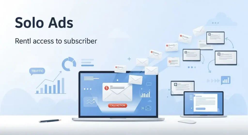 Solo ads explained showing email marketing traffic sent from a list owner to multiple subscribers